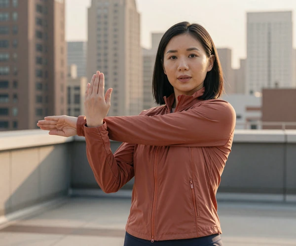 Female physical therapist stretching on a city rooftop after a morning run