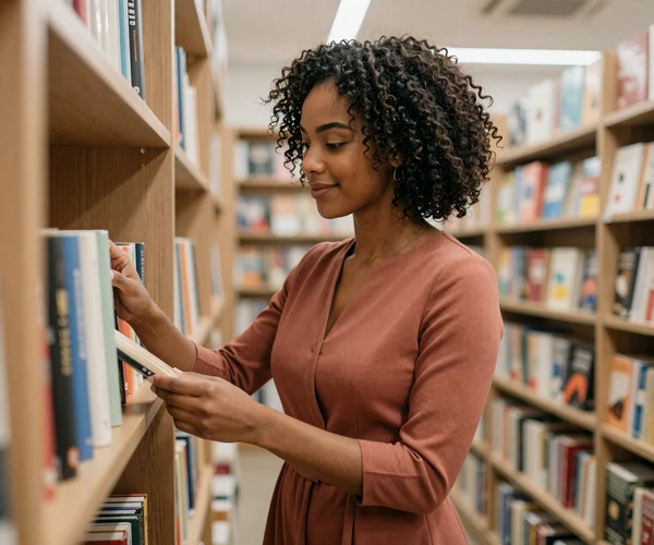 Female pharmacist in an elegant dress browsing books in a city bookstore