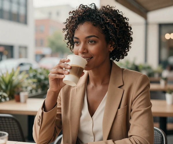 Female radiologist in a business casual blazer enjoying coffee at an outdoor cafe
