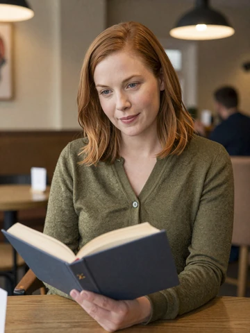 Female nurse midwife reading a book in an upscale cafe with warm interior lighting