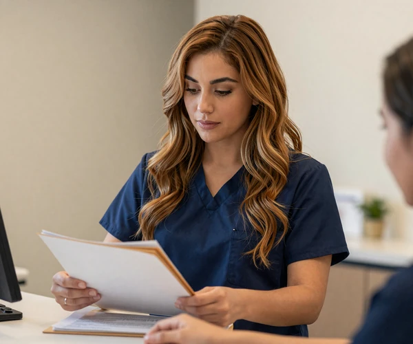 Latina medical assistant organizing patient files in a bright private clinic