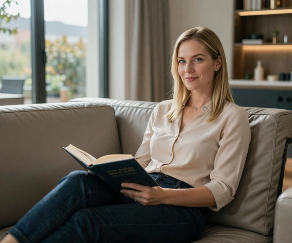 Female oncologist relaxing with a book in a luxury apartment