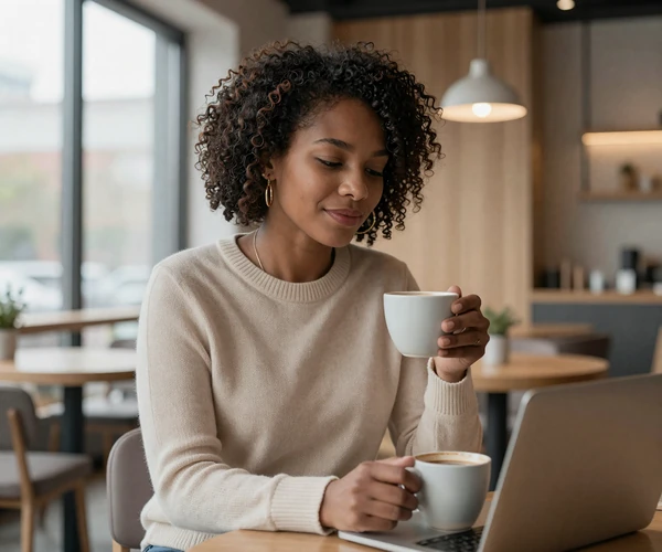 Female pulmonologist resting with coffee in a quiet cafe after a hospital shift