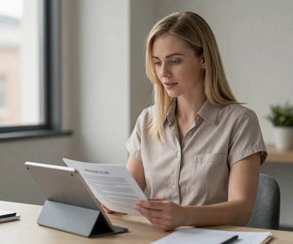 Female nurse practitioner reviewing patient charts in a modern clinic