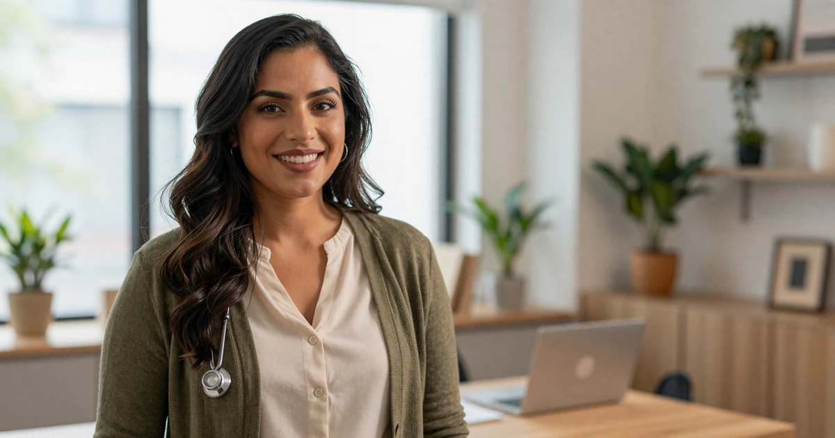 Female family doctor smiling warmly in a bright modern office