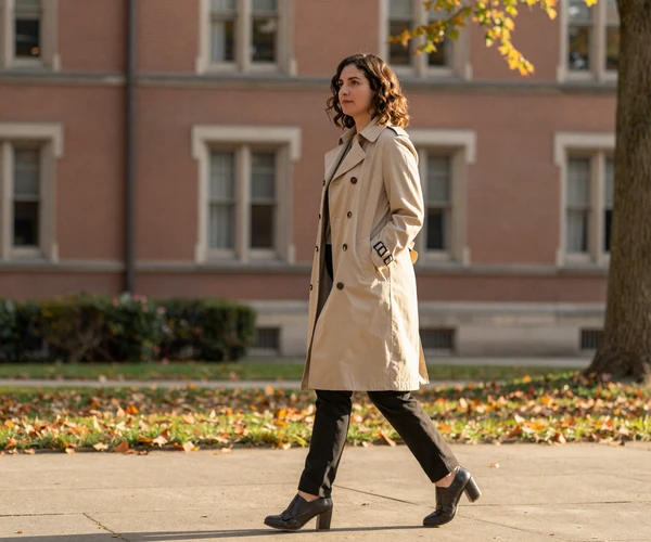 Female neurologist walking through a university campus in autumn wearing a trench coat
