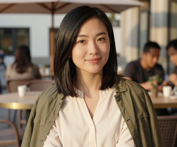Female physician assistant enjoying a weekend trip at an outdoor cafe