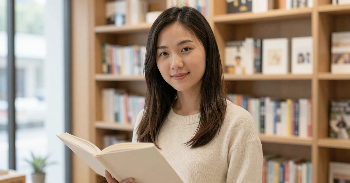 Female pediatrician smiling in a cozy bookstore on her day off