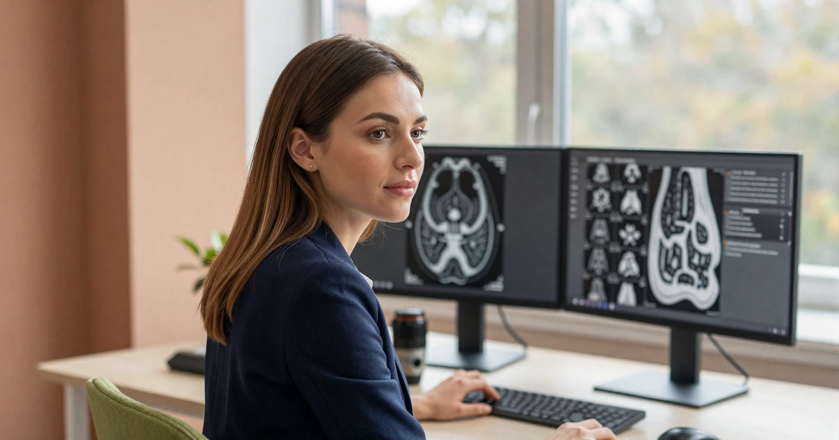 Female radiologist reviewing medical images on dual monitors in a modern bright office
