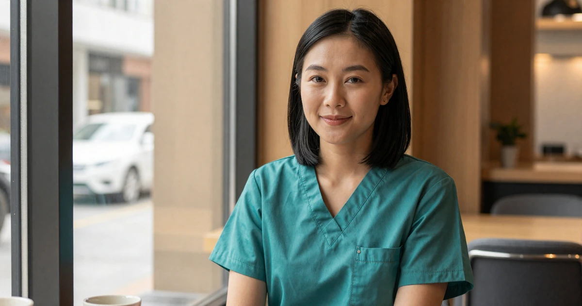 Female nurse smiling in a modern coffee shop after her shift