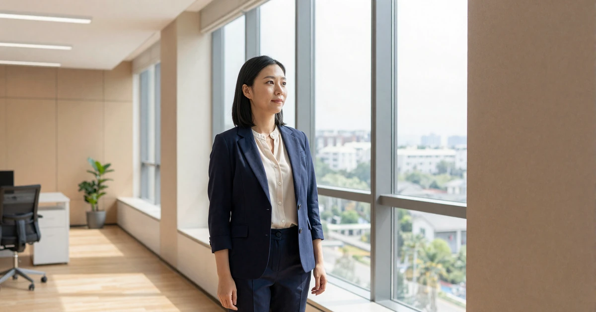 Confident female radiology technologist in smart casual wear looking out a large window in a modern office