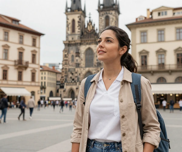 Female travel nurse exploring a new city square on her day off