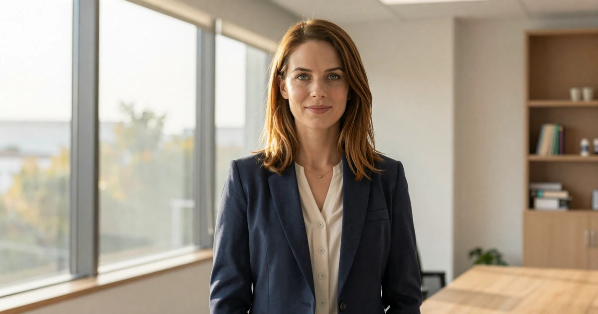 Female nephrologist standing confidently in a bright modern medical office