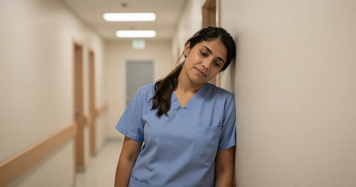 Female medical resident in scrubs resting in a bright hospital hallway after a long shift