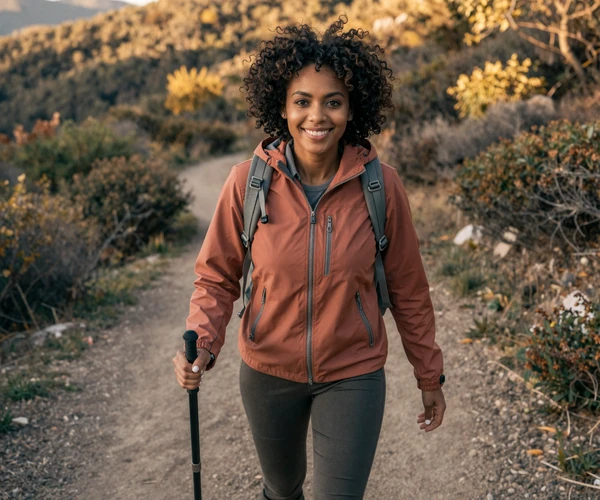 Female occupational therapist hiking on a scenic trail during golden hour