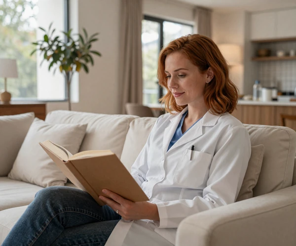 Female doctor relaxing with a book in a modern luxury apartment