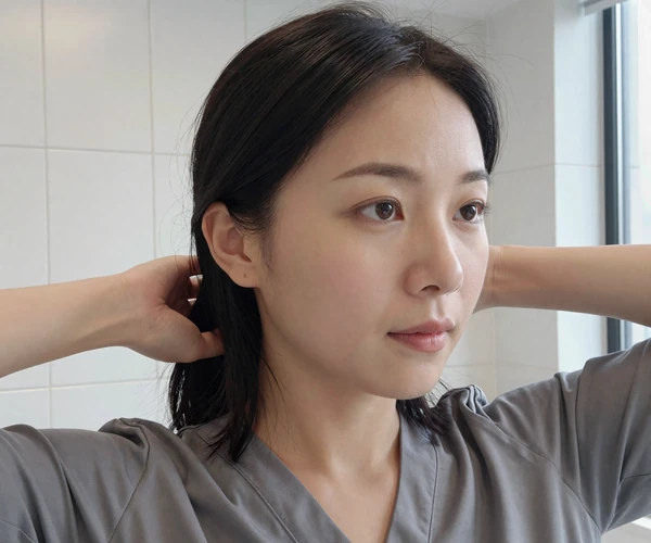 Female surgical nurse tying her hair back in a bright modern bathroom before a shift
