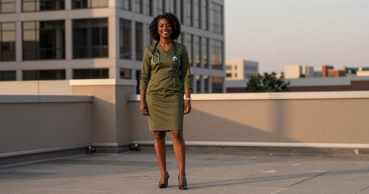 Confident female respiratory therapist in an elegant dress on a city rooftop at dusk