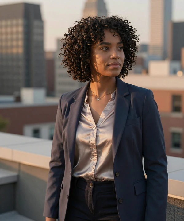 Female doctor in smart casual wear on a city rooftop at dusk
