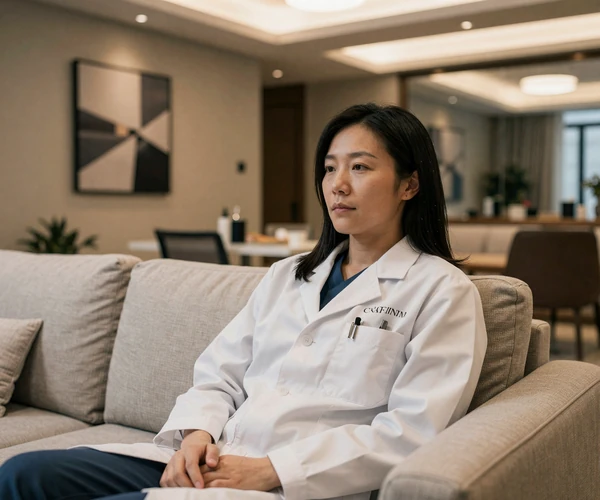 Asian respiratory therapist resting on a modern sofa in a luxury apartment after a night shift