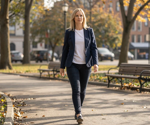 Female family doctor walking through a city park on a sunny autumn afternoon