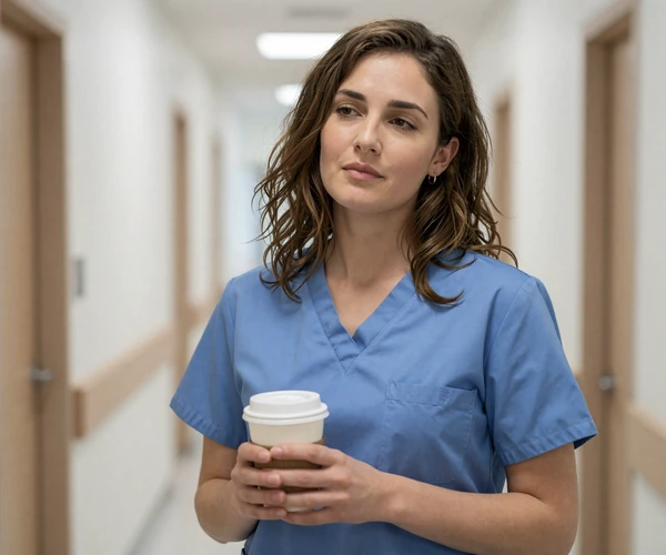 Female surgeon in scrubs holding coffee in a bright hospital corridor
