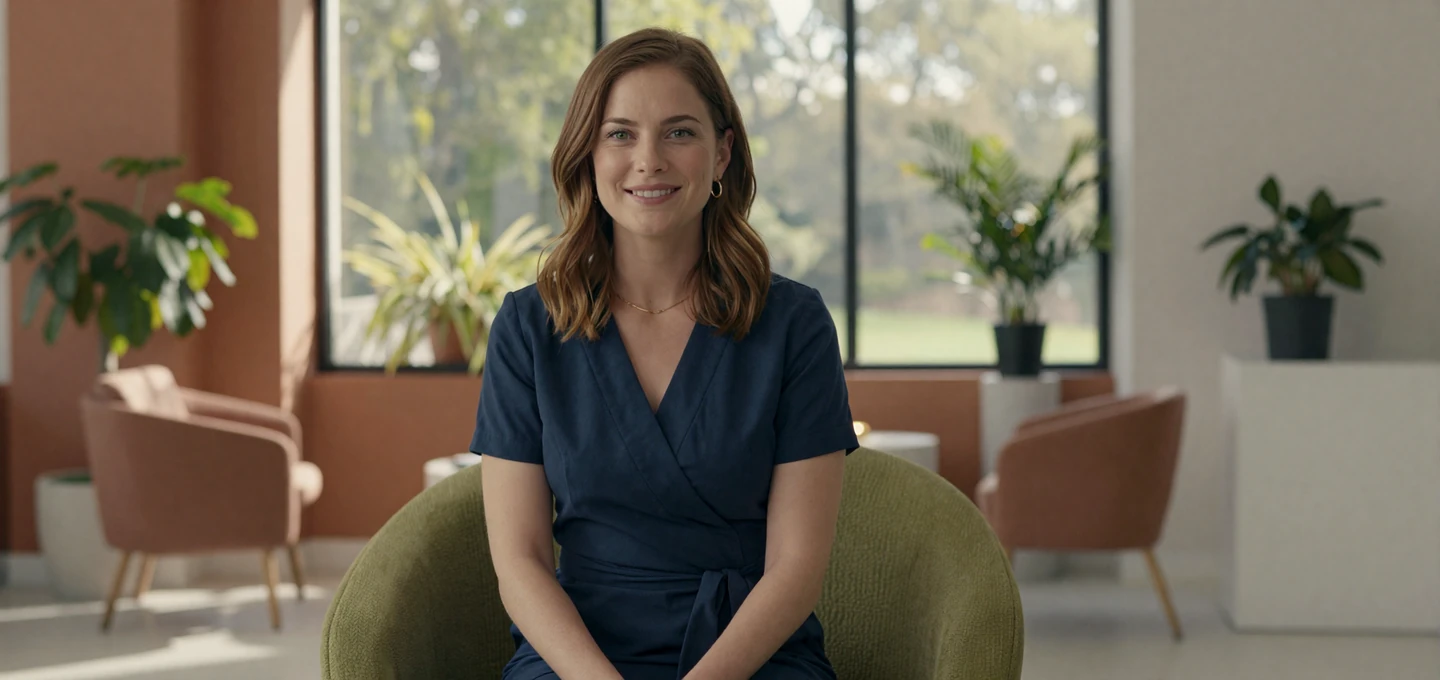 Female endocrinologist relaxing in a sunlit modern clinic lobby in smart casual attire