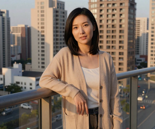 Female licensed practical nurse relaxing on a luxury apartment balcony with a city view at golden hour