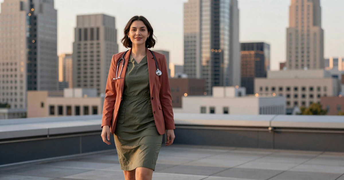Female doctor enjoying a city rooftop at dusk after work