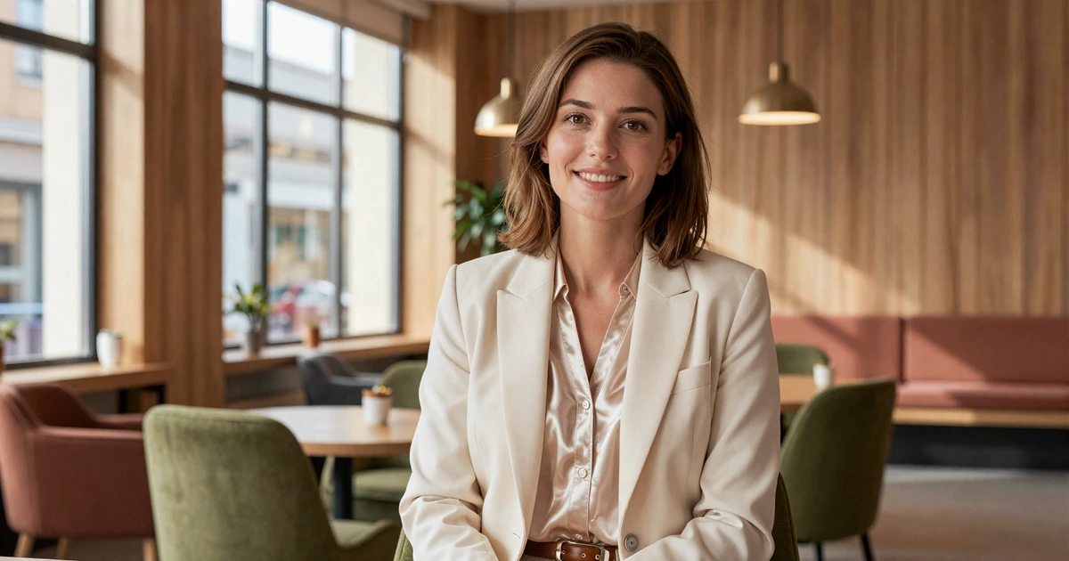 Confident female doctor smiling in a modern upscale coffee shop