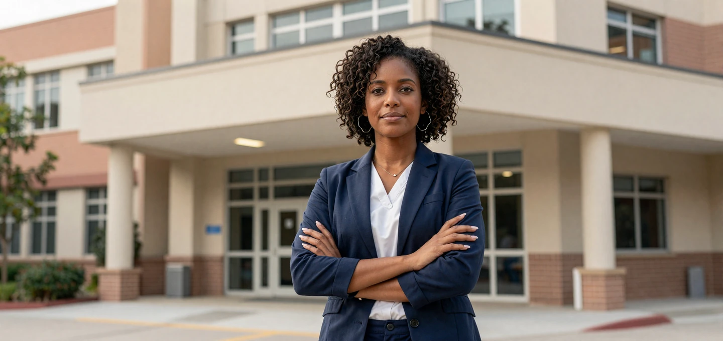 Confident female surgeon in a blazer standing outside a modern hospital